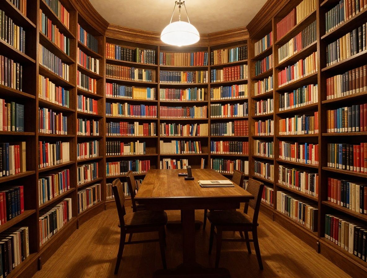 Stimmungsvolle Innenaufnahme einer alten Bibliothek mit hohen Holzregalen voller Bücher, warmem Lampenlicht und einem freien Lesetisch – Symbol für Wissen und Forschung