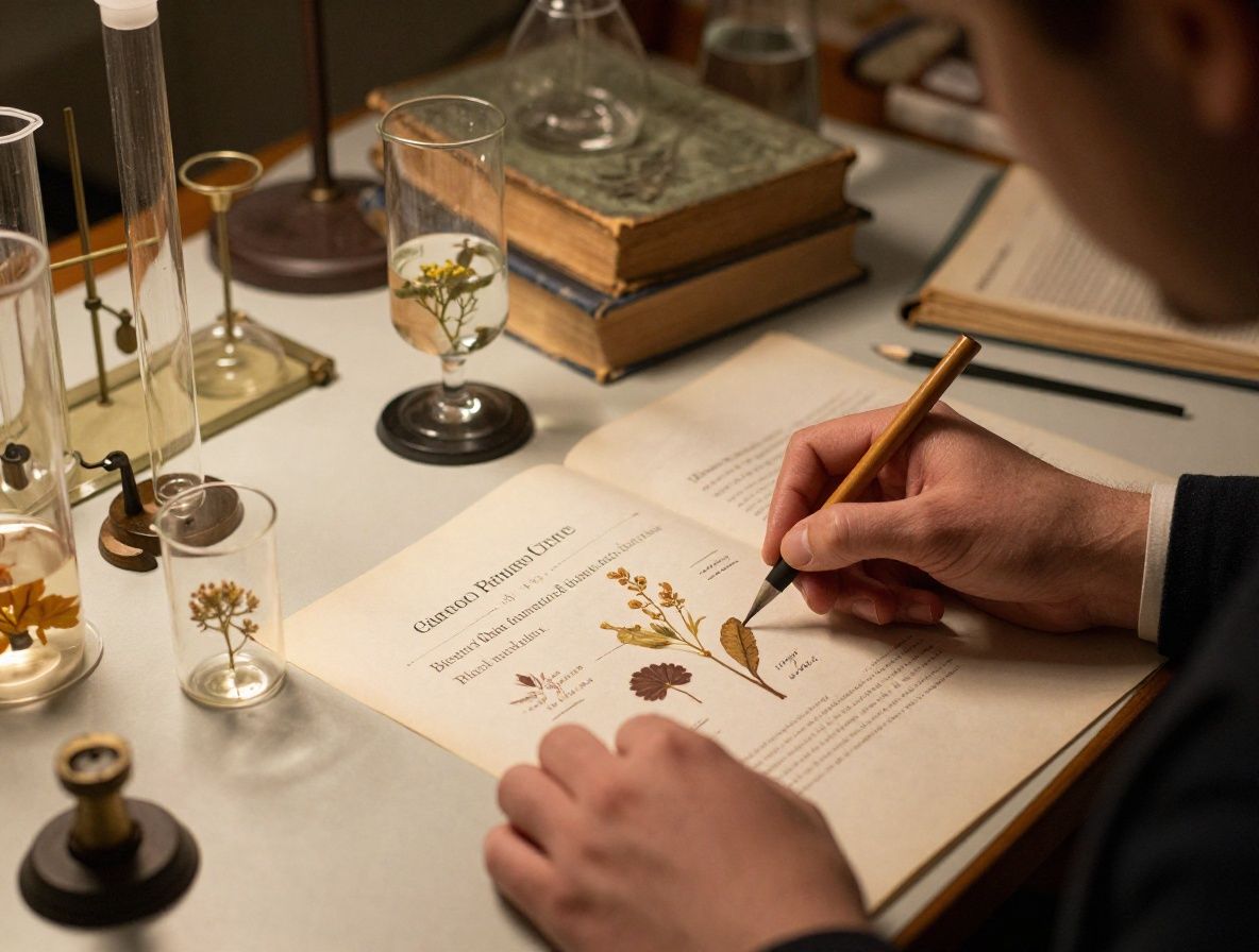 Warmtonige Aufnahme von alten wissenschaftlichen Büchern, Glaskolben und getrockneten botanischen Proben auf einem Holztisch – atmosphärisches Licht wie in einem historischen Forschungsraum