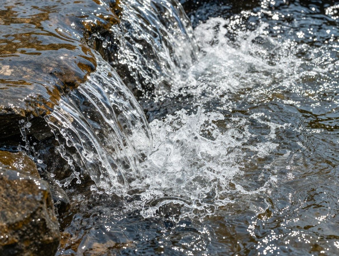 Kunstvolle Aufnahme von klarem Wasser, das über glatte Steine fliess, mit Lichtreflexionen – symbolisch für Feuchtigkeit und Flüssigkeitszufuhr