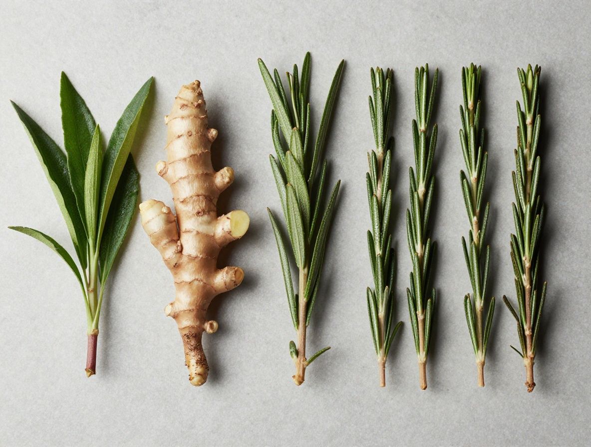 Cinematographische Makroaufnahme verschiedener natürlicher Kräuter und Wurzeln auf dunklem Schiefer – Ingwer, Kurkuma, frische Minzblätter und Rosmarinzweige in dramatischem Seitenlicht