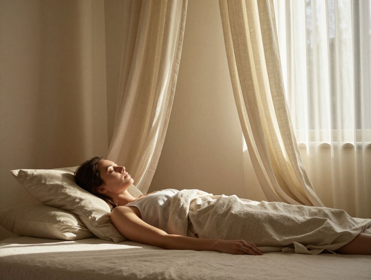 Ruhige Innenaufnahme eines hellen, minimalistischen Zimmers mit weicher Morgensonne, die durch Vorhänge fällt – Symbol für Erholung und Stille