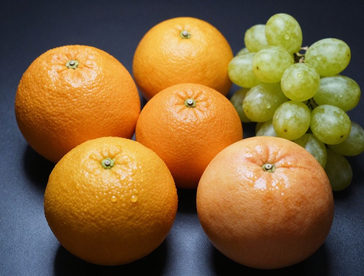 Nahaufnahme aufgeschnittener Zitrusfrüchte – Orangen und Grapefruits – auf strukturiertem Hintergrund, saturierte Farben, Studio-Licht von oben