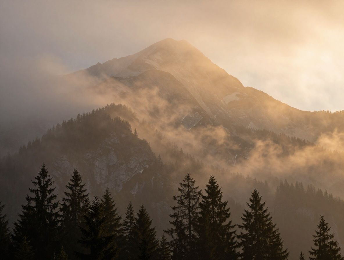 Weitwinkelfoto eines nebligen Bergwaldes bei Sonnenaufgang in den Schweizer Alpen – dichte Baumsilhouetten, goldenes Morgenlicht durchdringt den Dunst, cineastische Stimmung